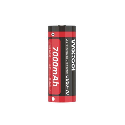 Weltool UB26-70 USB rechargeable Li-ion battery, 7000mAh, front view showing full label details.