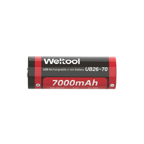 Weltool UB26-70 USB rechargeable Li-ion battery, 7000mAh, side view showing label horizontally.