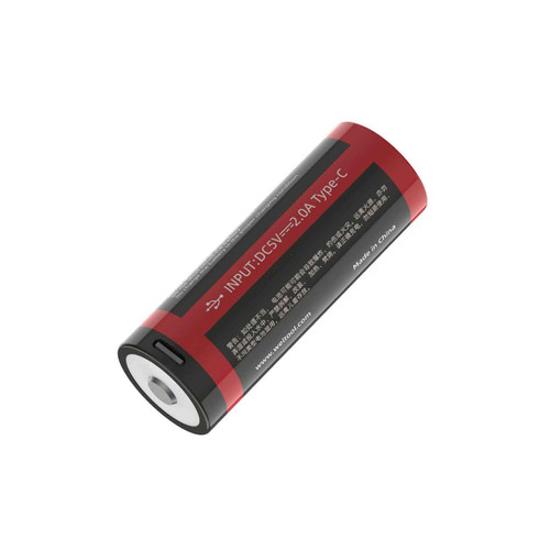 Weltool UB26-70 USB rechargeable Li-ion battery with USB-C port, showing input specs and warning text.