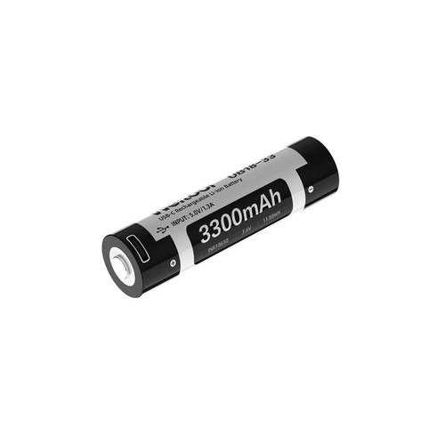 Angled view of Weltool UB18-33 3300mAh USB-C rechargeable 18650 Li-ion battery, showing capacity.