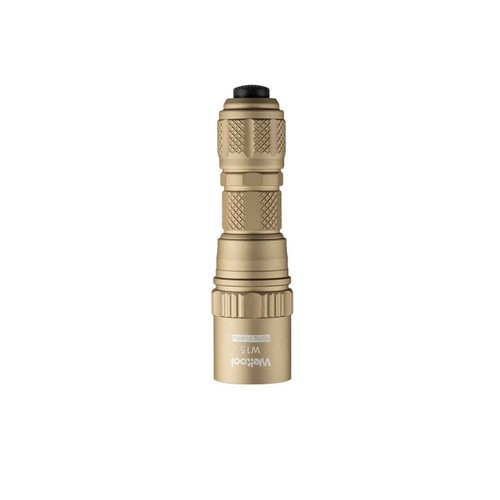 Vertical straight-on view of the tan Weltool W15 Flying Divinity tactical flashlight.