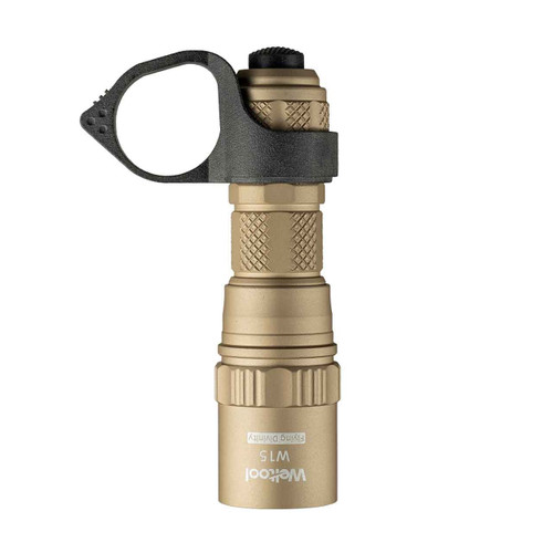Vertical view of the tan Weltool W15 Flying Divinity tactical flashlight with black angled mount.