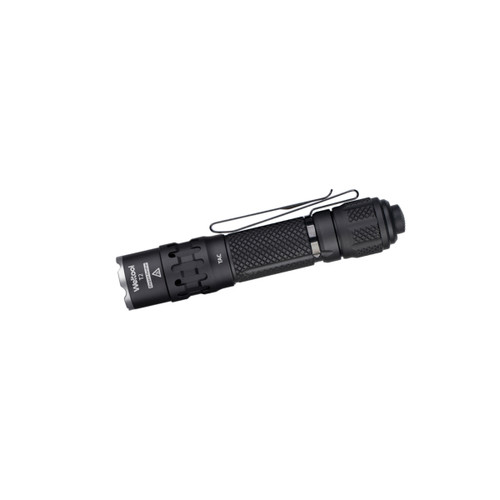 Black Weltool T2 tactical flashlight with pocket clip.