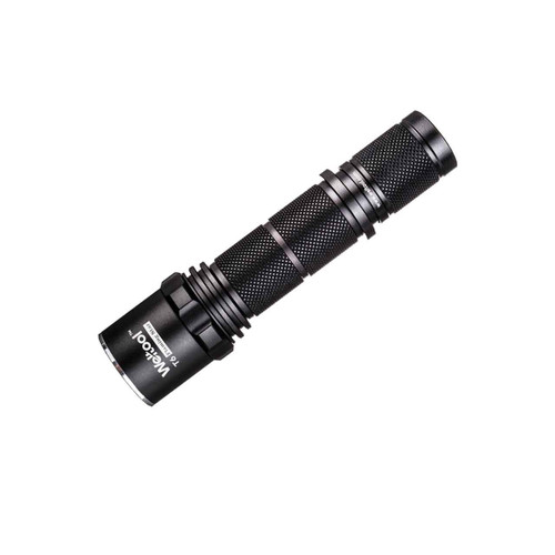 Weltool T6 LED flashlight, black, angled view showing the lens and textured body, on a white background.