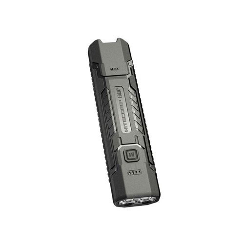 Nitecore EDC07 dark grey flashlight, angled view showing the front light emitters and textured body.