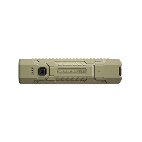 Nitecore EDC07 tan flashlight, top-down view showing the Nitecore logo and control buttons.