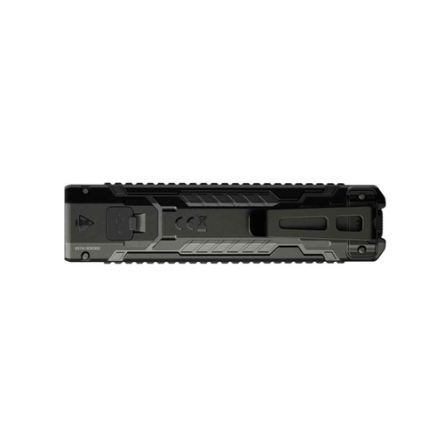 Back view of the Nitecore EDC07 flashlight in dark grey, displaying regulatory marks and serial number.