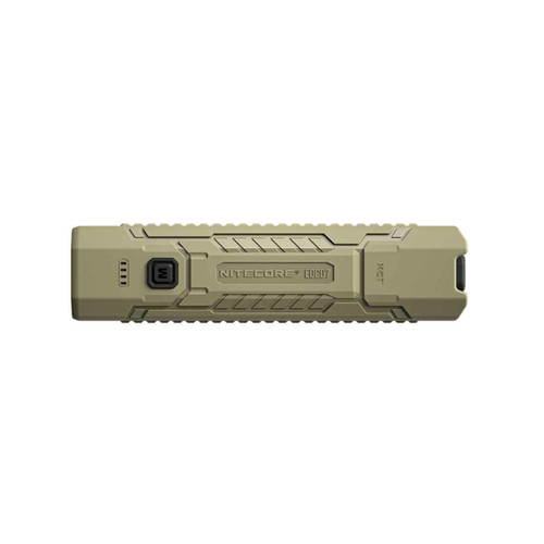Top-down view of the Nitecore EDC07 flashlight in tan, showing the Nitecore logo and model.