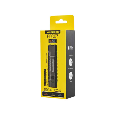 Retail packaging box for the Nitecore EDC07 ultra-slim EDC flashlight, showing features and accessories.