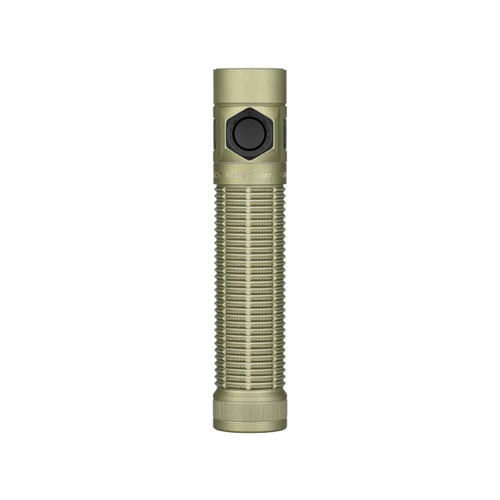 Olight Baton Ultra olive green flashlight, top-down view showing lens and side button.