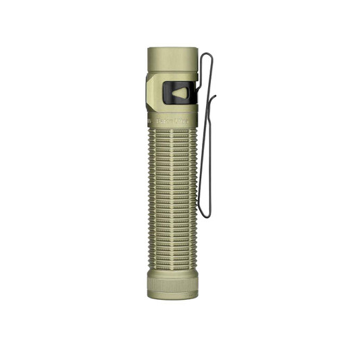 Olight Baton Ultra olive green flashlight standing upright, showing side with pocket clip.