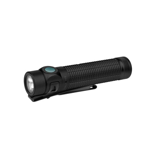 Black Olight Baton 4 Pro tactical flashlight with pocket clip, angled view showing head and side button.