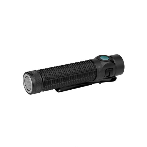 Black Olight Baton 4 Pro tactical flashlight with pocket clip, angled view showing tailcap and side button.