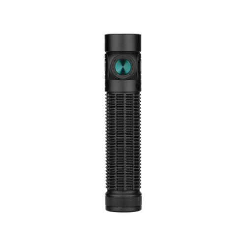Black Olight Baton 4 Pro tactical flashlight standing upright, front view showing head and side button.