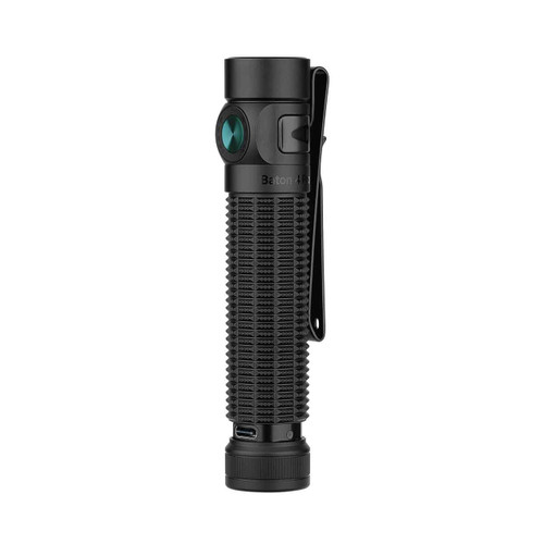 Black Olight Baton 4 Pro tactical flashlight standing upright, side view with pocket clip and USB-C port.