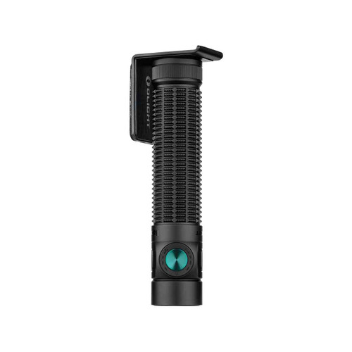 Black Olight Baton 4 Pro flashlight showing pocket clip attachment, head down, tailcap visible.