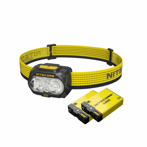 Nitecore UT27 headlamp with yellow strap and two HLB1300 rechargeable battery packs, angled view.