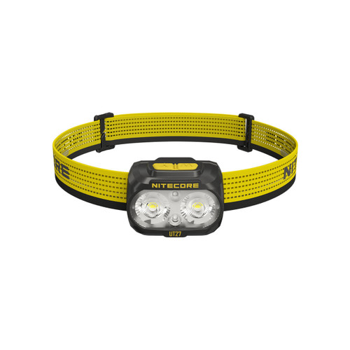 Nitecore UT27 headlamp with yellow strap, showing the front with dual lights.