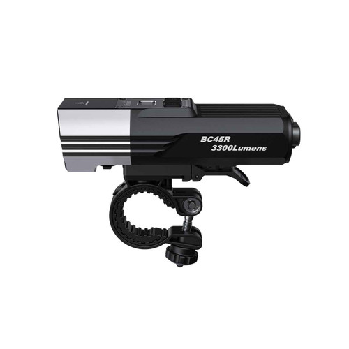 Side view of the Fenix BC45R 3300 lumens rechargeable bike light with its quick-release handlebar mount.