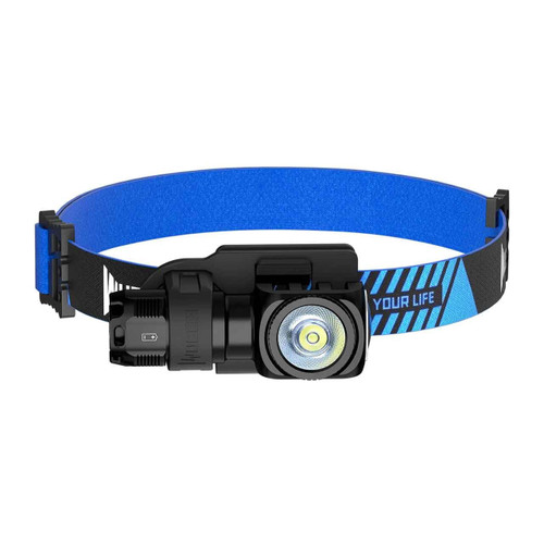 Wuben headlamp mounted on an adjustable blue and black elastic headband.
