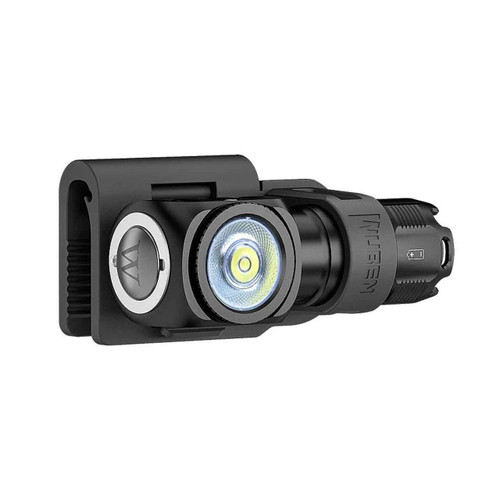 Wuben headlamp mounted on a black clip, showing the power button and charging port.