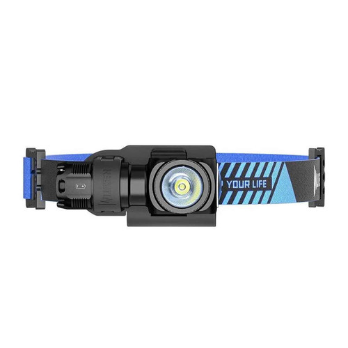Wuben headlamp mounted on an adjustable blue and black elastic headband.