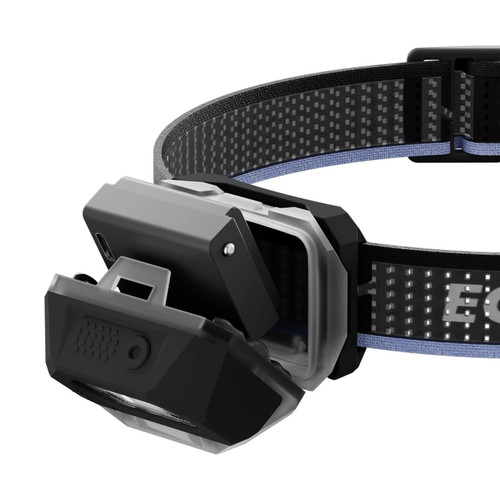 Close-up of the Nuben ECL Inno headlamp with its front cover open, revealing the battery compartment.
