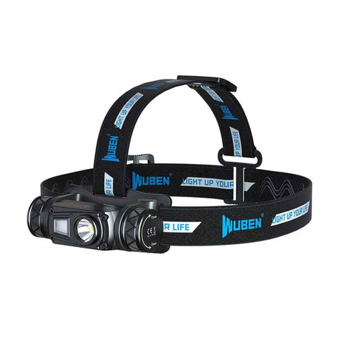 Wuben H1 headlamp from a side-front angle, highlighting the main LED, floodlight, and adjustable strap.