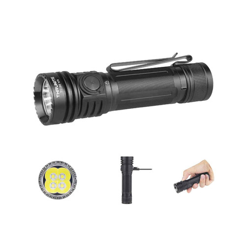ThruNite TC20 V3 flashlight with views of its LED array, standing upright, and held in hand.