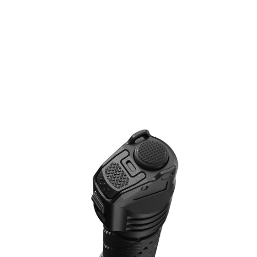 Close-up view of the Nitecore P27ix tactical flashlight's dual tail cap buttons and lanyard loop.