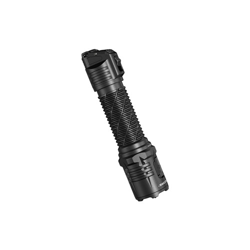 Full body view of the Nitecore P27ix tactical flashlight from above, showcasing its textured grip.