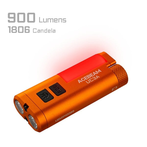 Angled view of orange Acebeam UC3A compact multi-color EDC light with red side light on, showing 900 lumens.