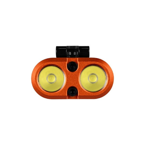 Front view of the orange Acebeam UC3A compact multi-color EDC light, showing its dual main emitters.