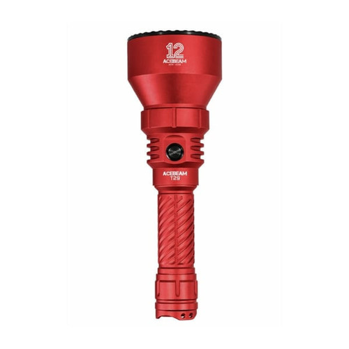 Acebeam T29 red flashlight, standing upright, showing the front view and textured grip.