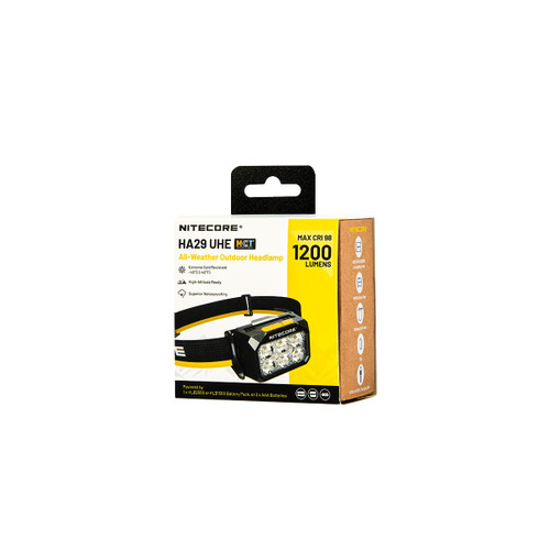 Nitecore HA29UHE all-weather outdoor headlamp in its retail packaging, highlighting 1200 lumens and extreme cold resistance.