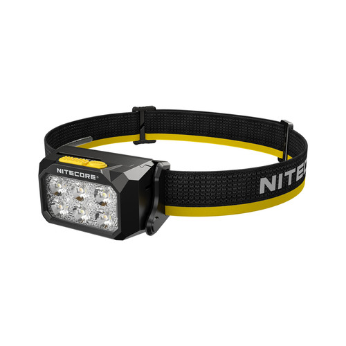 Angled view of the Nitecore HA29UHE headlamp with its black and yellow elastic headband.