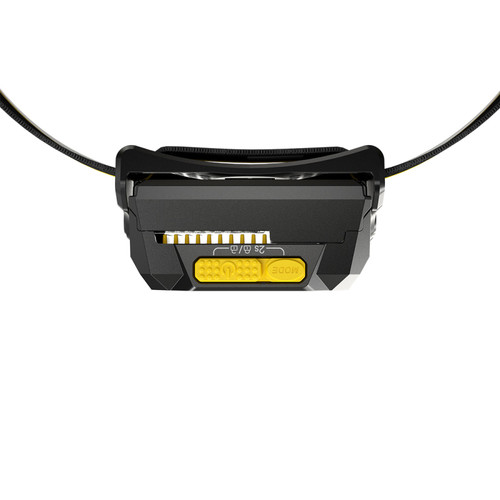 Top view of the Nitecore HA29UHE headlamp, detailing the yellow power and mode control buttons.
