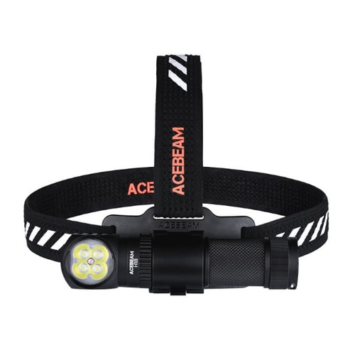 Acebeam H18 headlamp with black and white striped headband, showing the front view of the four bright LEDs.