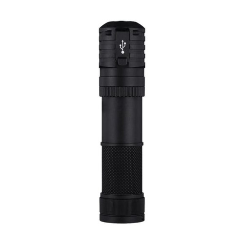 Acebeam H18 flashlight standing upright, showcasing the integrated USB charging port on the side of the head.