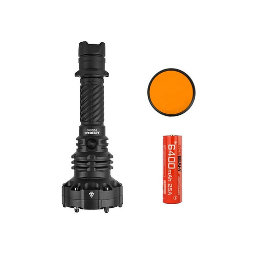 Acebeam P20 Mini - 1035m 4000 Lumen Long-range Tactical Torch with battery and orange filter.