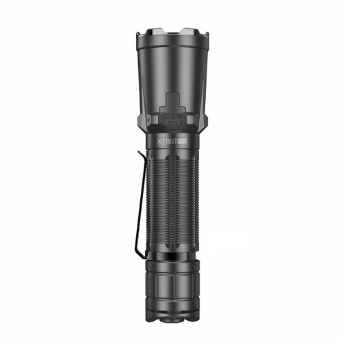 Front view of the XT11GT Pro tactical flashlight, showcasing its design and pocket clip.