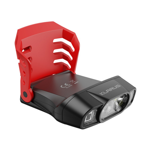 Klarus HC3 Pro clip-on rechargeable motion sensor light with red clip extended, angled view.