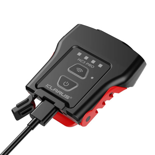 Klarus HC3 Pro clip-on rechargeable motion sensor light charging via USB-C, showing control panel.