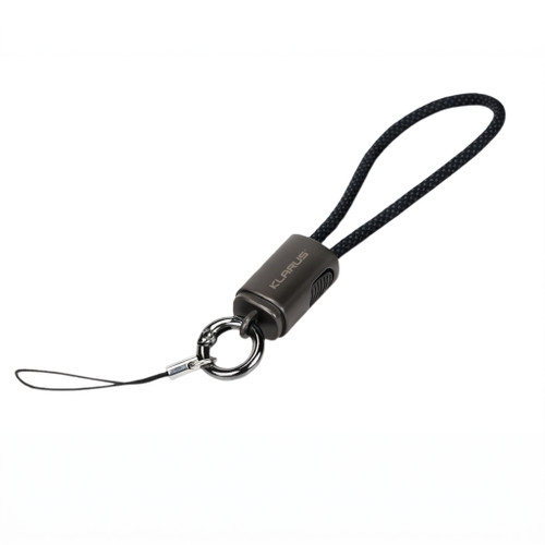 Klarus KC01 USB C cable 65W fast charging lanyard component with carabiner and brand logo, isolated on white.