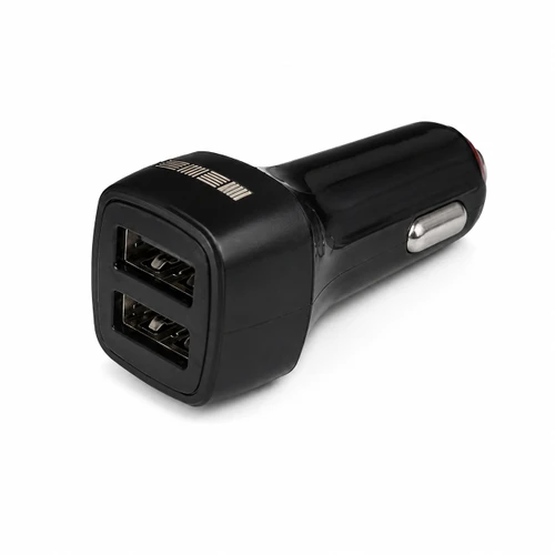 Black dual USB car charger with two ports, angled view, showing the brand logo.