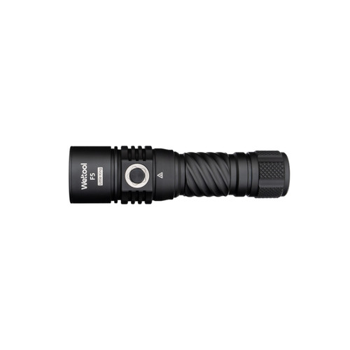 Weltool F5 Little King compact tactical flashlight, black, shown from a top-down view, showcasing its side switch.