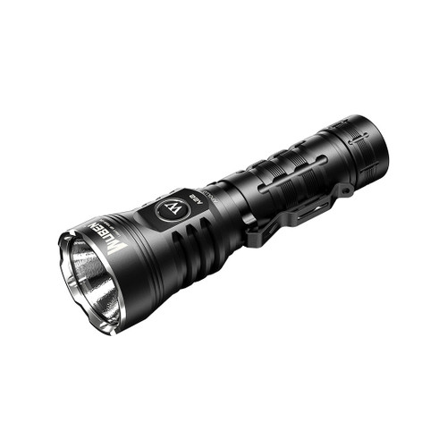 Wubenlight A22 4500 lumen high power rechargeable flashlight, black, shown at an angle with pocket clip.