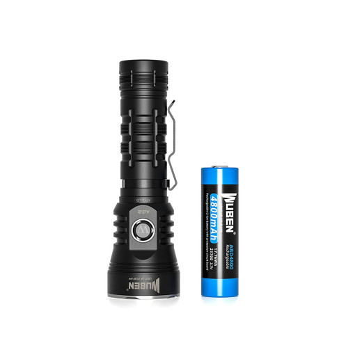 Wubenlight A22 4500 lumen high power rechargeable flashlight standing next to its 4800mAh battery.