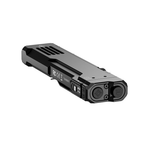 Wuben X5 3-in-1 1300 lumens EDC rechargeable flashlight from rear-top-left angle, highlighting the laser modules.