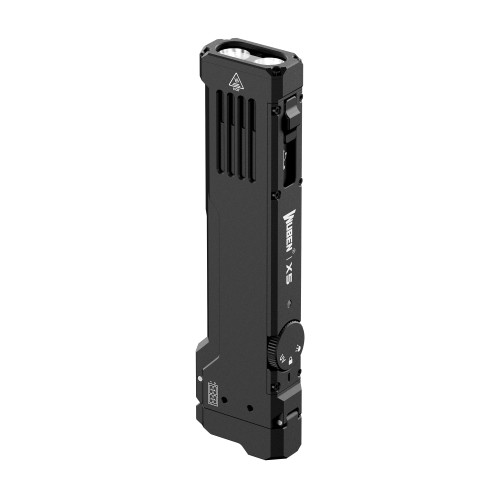 Wuben X5 3-in-1 1300 lumens EDC rechargeable flashlight from front-top-left angle, showing logo, UV switch, and main lights.